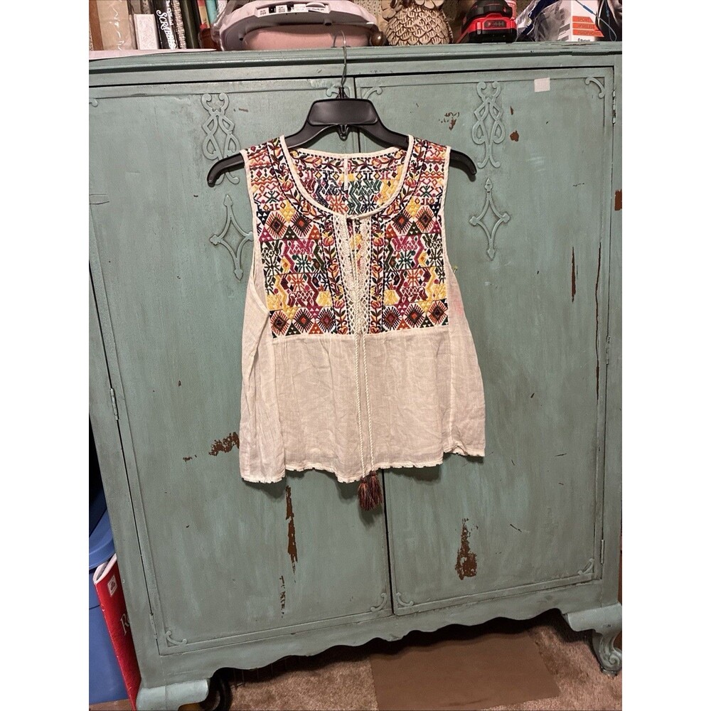 Free People Embroidered Sleeveless Tunic Top Ivory Multicolor Women’s M